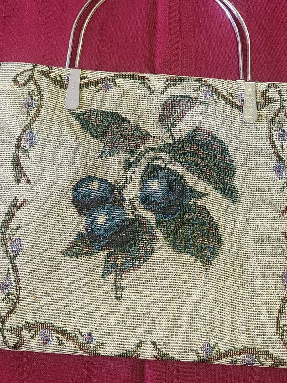 Vintage Tapestry Handbag Purse w/ Metal Handles Fruit Design Zipper Top